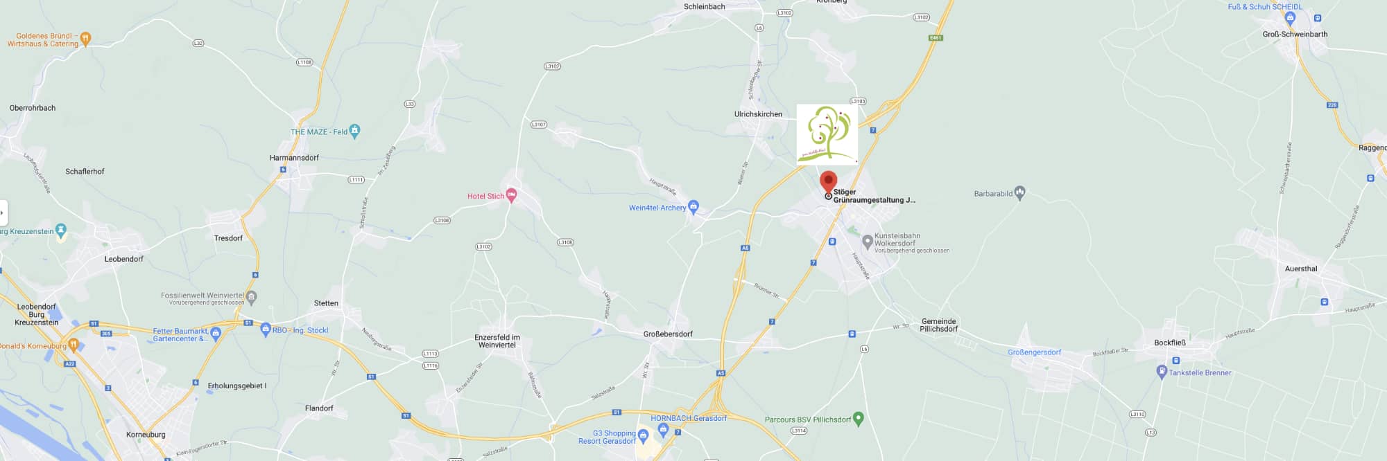 Bild von Google Maps mit dem Standort von Stöger Grünraumgestaltung mit Link zu Google Maps - öffnet in separatem Fenster